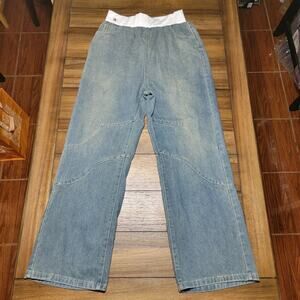 Fashion Faded Denim Pull-On Wide Leg Jeans w/ White Waist Band - Size Large NWT